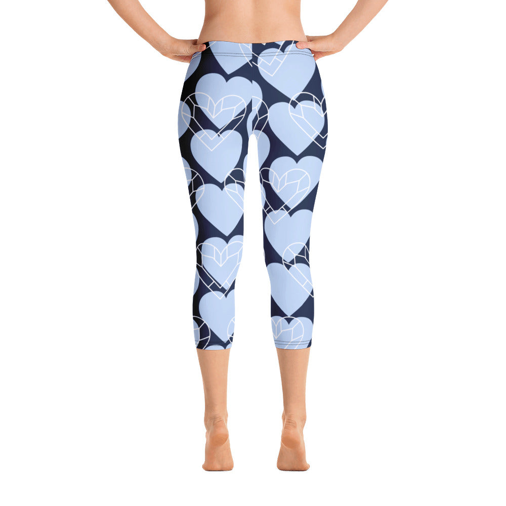 Women Blue Heart Capri Leggings