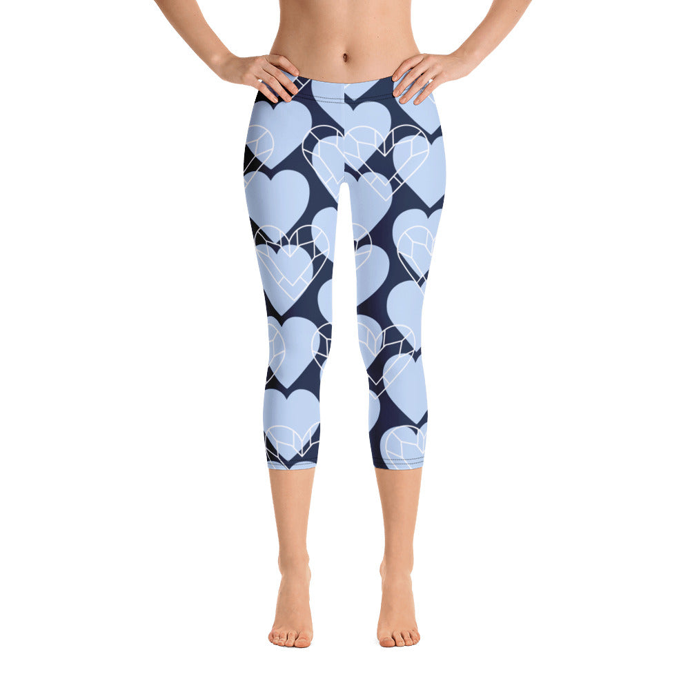 Women Blue Heart Capri Leggings