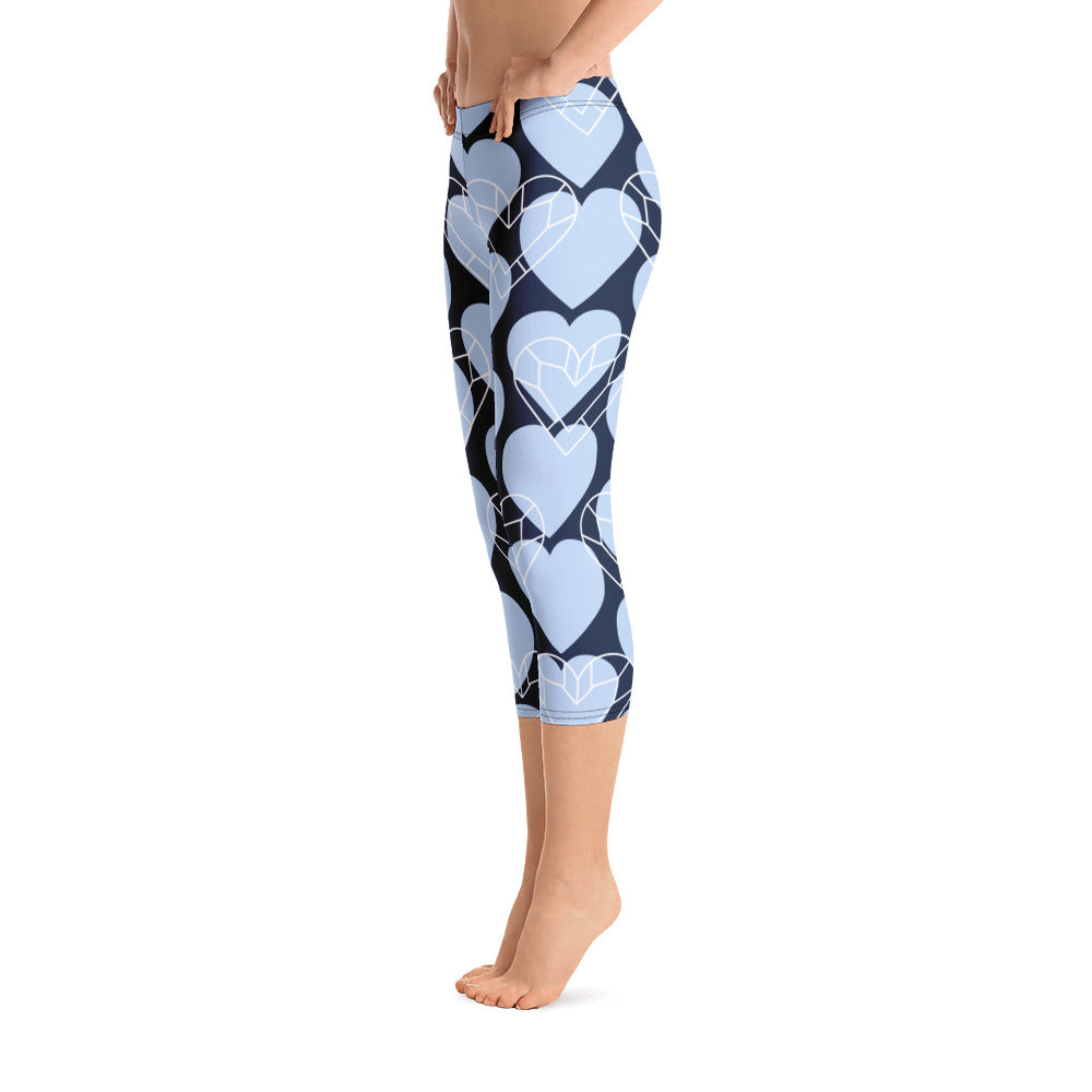 Women Blue Heart Capri Leggings