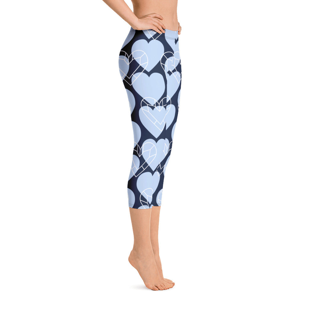 Women Blue Heart Capri Leggings