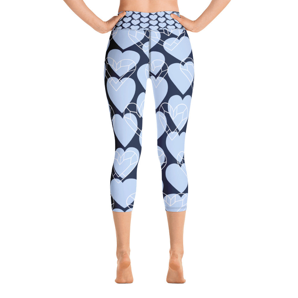 Women Blue Heart Yoga Capri Leggings