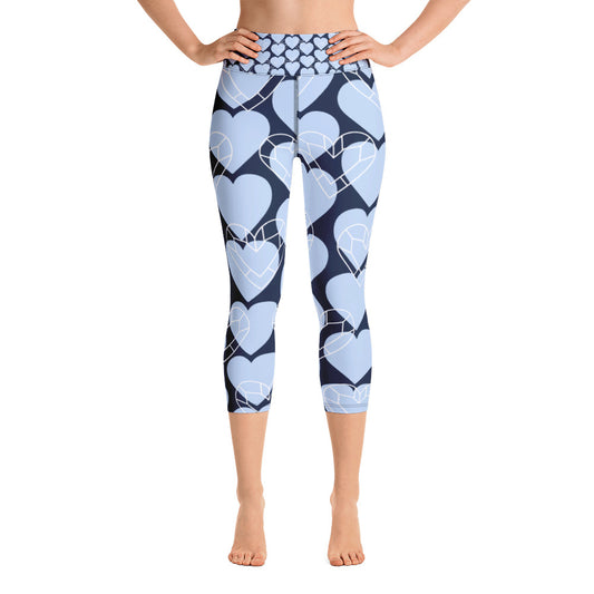 Women Blue Heart Yoga Capri Leggings