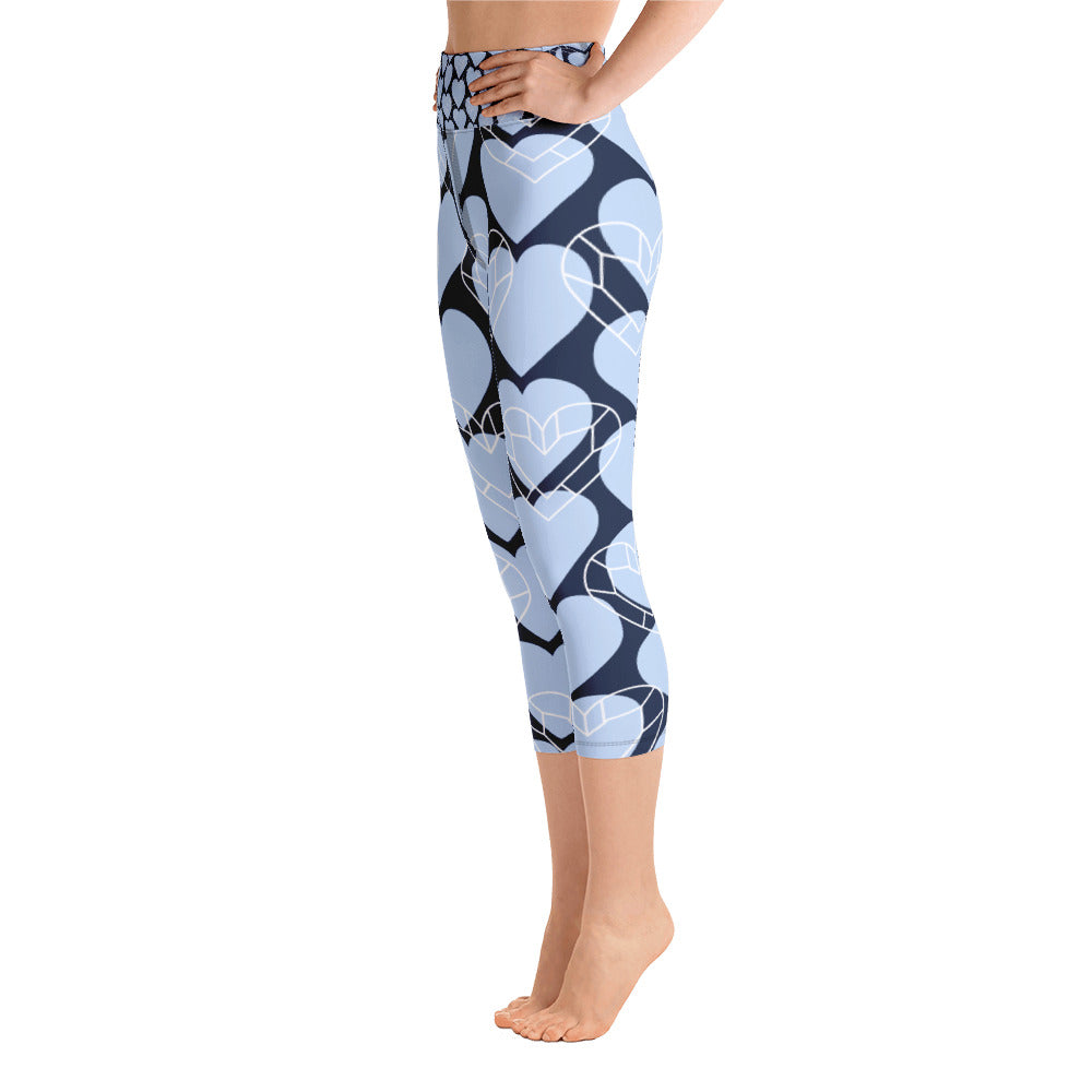 Women Blue Heart Yoga Capri Leggings