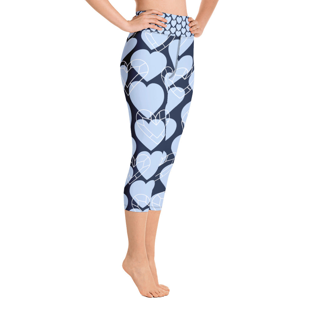 Women Blue Heart Yoga Capri Leggings